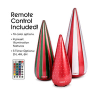 Three decorative vases with striped and polka dot patterns, accompanied by a remote control and feature text on a white background.